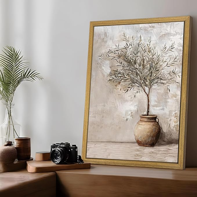 Vintage Olive Tree Canvas Wall Art, Farmhouse Aesthetic Oil Painting, Rustic Potted Plant Wall Decor, Neutral Botanical Print Artwork Picture for Living Room Kitchen Home Decor 12x16 Inch Framed