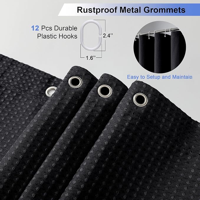 Extra Long Shower Curtain Set- 96 Inch Long Waffle Weave Heavy Duty Fabric Shower Curtains for Bathroom, Luxury Heavy Duty Thick Cloth Shower Curtain with 12 Plastic Hooks, 72x96, Black