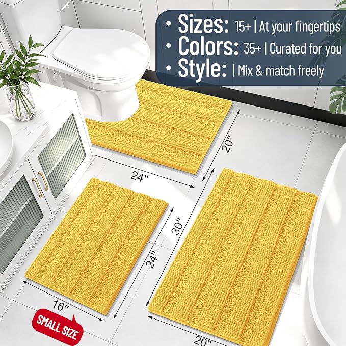Smiry Thick Chenille Bathroom Rugs 36x24, Soft Absorbent Bath Mat, Yellow | Quick‑Dry & Machine Washable, Non‑Slip Bath Carpet, Striped Bath Rugs for Tub & Shower, Modern Home Decor Accessories