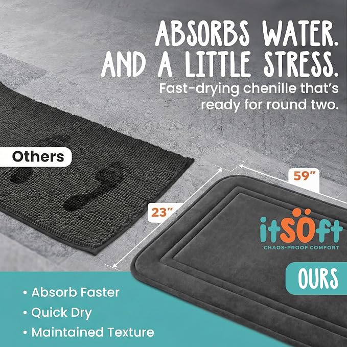 Memory Foam Bath Mat 59x23, Non Slip, Machine Washable, Quick Dry & Absorbent Rugs, Bath Mats for Bathroom Floor, Tub & Shower, Bathroom Rug, Charcoal Gray