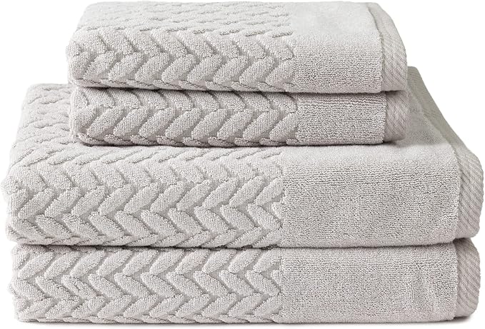 Texere 100% Organic Cotton Jacquard 650 GSM Premium Bath Towel Set - Extra Absorbent Quick Dry and Plush (Cable, Light Taupe, 2 Bath & 2 Hand Towels)
