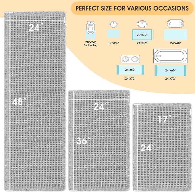 Waffle Bath Mat Set 3 Piece Light Grey,Woven Modern Bath Rug Mats, Absorbent Non Slip Bath Floor Mat, Soft Washable Boho Bath Rugs with Tassels for Bathroom, Bedroom, Kitchen,Tub