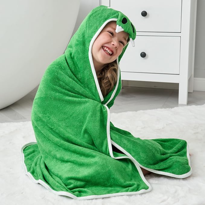 HIPHOP PANDA Ultra Soft Hooded Baby Towel - 2-Layer Thick 500GSM Absorbent | Rayon Made from Bamboo, Hooded Bath Towel for Newborn, Infant, Toddler, Baby Registry - Dinosaur, 30x30 In