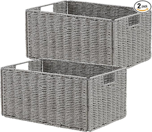 Wicker Storage Basket, Set of 2 Hand-Woven Paper Rope Wicker Basket, Small Storage Baskets for Organizing Toilet Paper, Foldable Large Cube Storage Organizer Bins for Shelves (Grey)