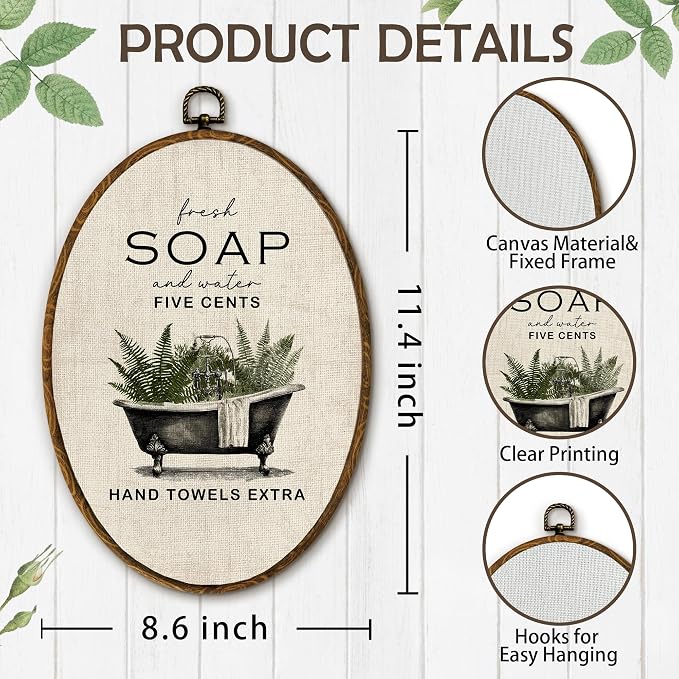 Yjeslw Vintage Botanical Bathroom Oval Wall Art Decor, Rustic Farmhouse Canvas Prints Framed, Cottagecore Greenery Bathtub Wall Hanging Decor Sculptures for Bathroom Washroom Restroom Toilet, 8.6x11.4 Inches