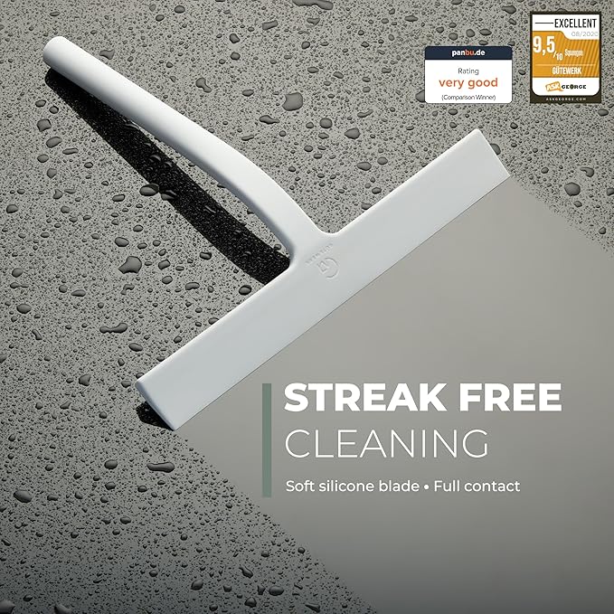 Silicone Shower Squeegee for Glass Doors & Mirrors with Stainless Steel Core, Streak-Free & No-Squeak Window Cleaning, 3-in-1 No-Drill Mount (Hook/Suction/Adhesive),White, 9 Inches