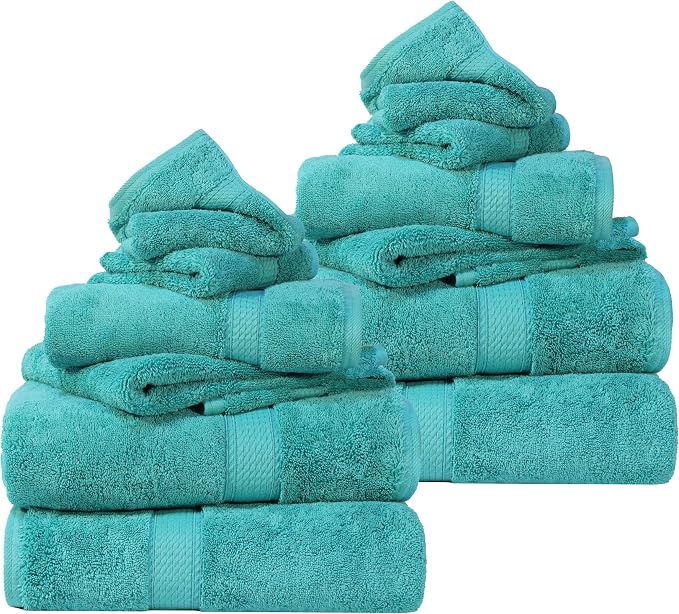 SUPERIOR Egyptian Cotton Ultra Plush & Absorbent, 12 Piece Set, Turquoise | Heavyweight 12 Pc Egyptian Cotton Towel Set Includes 4 Bath Towels 4 Hand Towels 4 Washcloths Decorative Rope Border