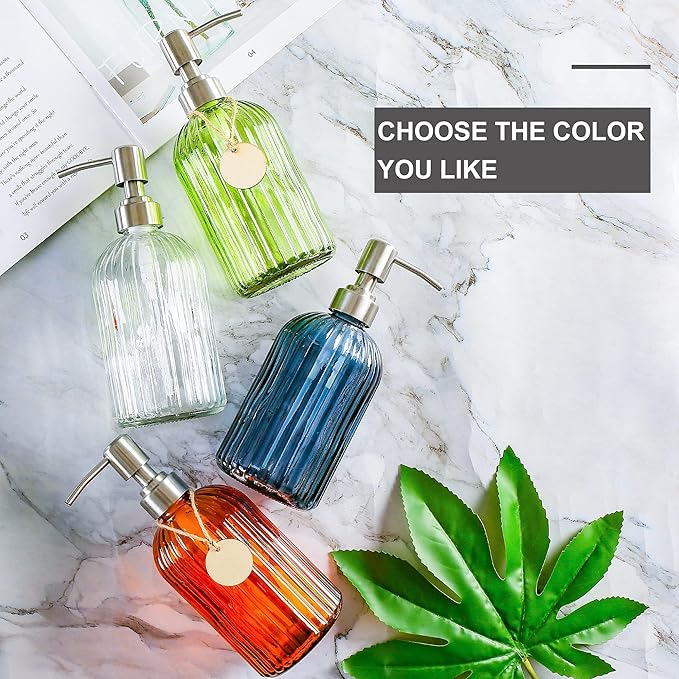 MOCLIF 16 OZ Soap Dispenser，Tempered Glass Clear Vertical Stripe with 304 Rust Proof Stainless Steel Pump Refillable Liquid Hand Soap Dispenser，for Bathroom, Kitchen, Dish Soap，Lotion (Green)
