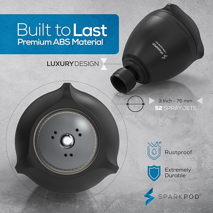 SparkPod High Pressure Shower Head, 3 Inch Fixed Showerhead, Black Matte | Rain, Pulsating & Combo Modes, Helps Boosts Low Water Pressure, Anti-Clog Nozzles, Easy Install