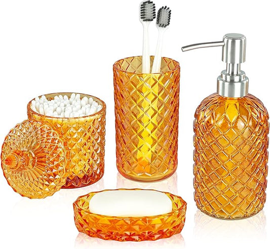 LaMarriti Orange Bathroom Accessories, 4Pcs Clear Glass Bathroom Set | Lotion Soap Dispenser, Toothbrush Holder Set, Soap Dish, Qtip Holder for Vintage Crystal Bath Decor, Burnt Orange