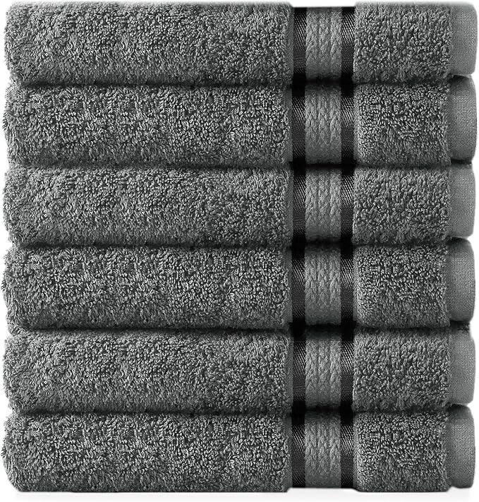 COTTON CRAFT Ultra Soft Hand Towels - 6 Pack 100% Ringspun Cotton Towel Set | Large 16x28 Charcoal Hand Towels with a Luxurious Rayon Border - Plush Absorbent 580 GSM Easy Care - Ideal for Everyday use