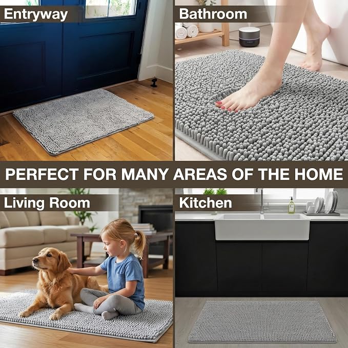Neater Home Plush Bathroom Rugs 24x17 Thick Chenille Quick Dry Microfiber Absorbent Bath Mat, Soft Bath Rugs, Machine Washable Bathroom Floor Mat for Tub Shower Sink, Home Decor Accessories, Gray