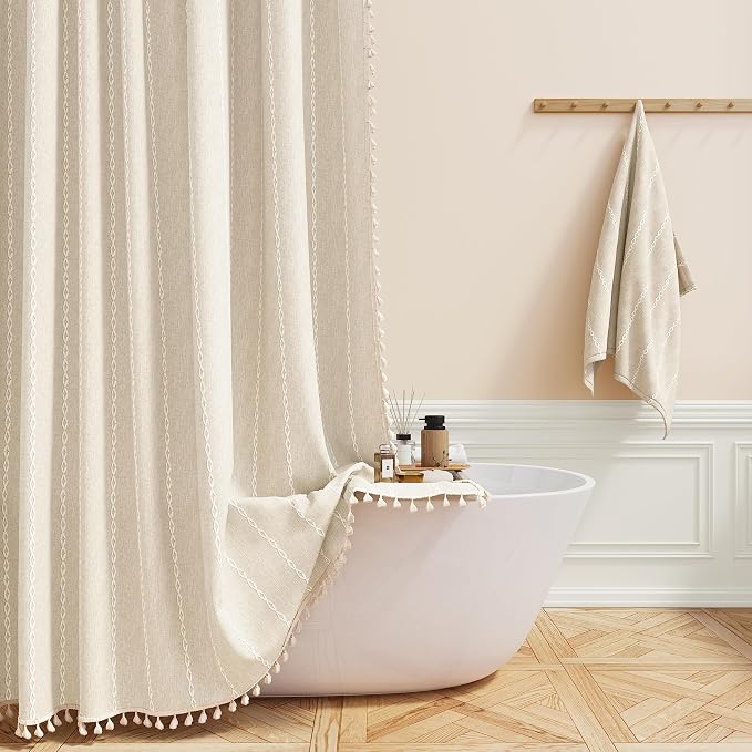 Small Boho Linen Heavy Duty Cloth Shower Curtain, 36x72, Cream/Beige | Stall Size, 330GSM Linen Blend, Water Repellent, Vintage Striped Fabric, 6 Plastic Hooks, Rustic Country, Machine Washable