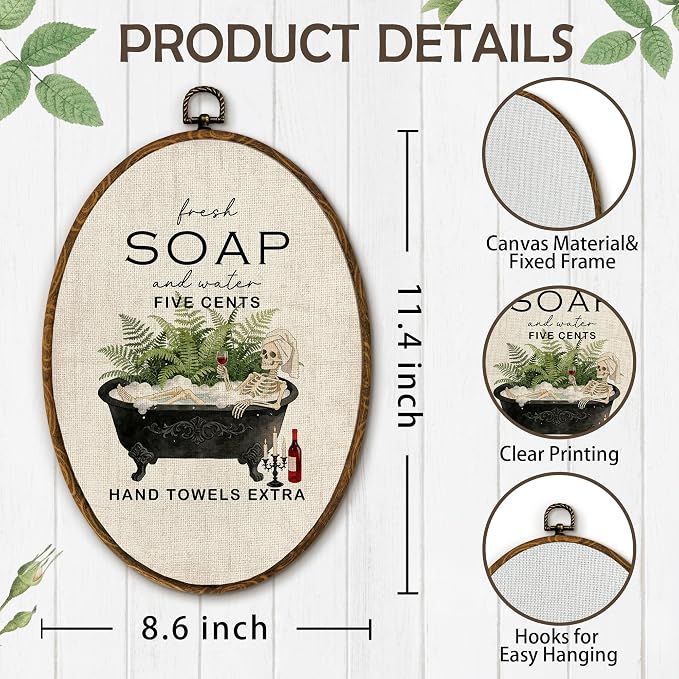 Yjeslw Vintage Skeleton Bathroom Oval Wall Art Decor, Rustic Farmhouse Canvas Prints Framed, Cottagecore Neutral Green Tropical Bathtub Wall Hanging Decor for Bathroom Decor, 8.6x11.4 In