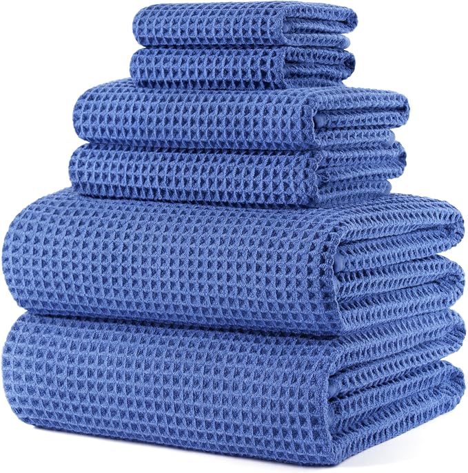 POLYTE 430 GSM Poly Blend Microfiber Quick Dry Waffle Bath Towel Set of 6 | 2-Body Towels, 2-Hand Towels, 2-Wash cloths, Oversize, Lint Free