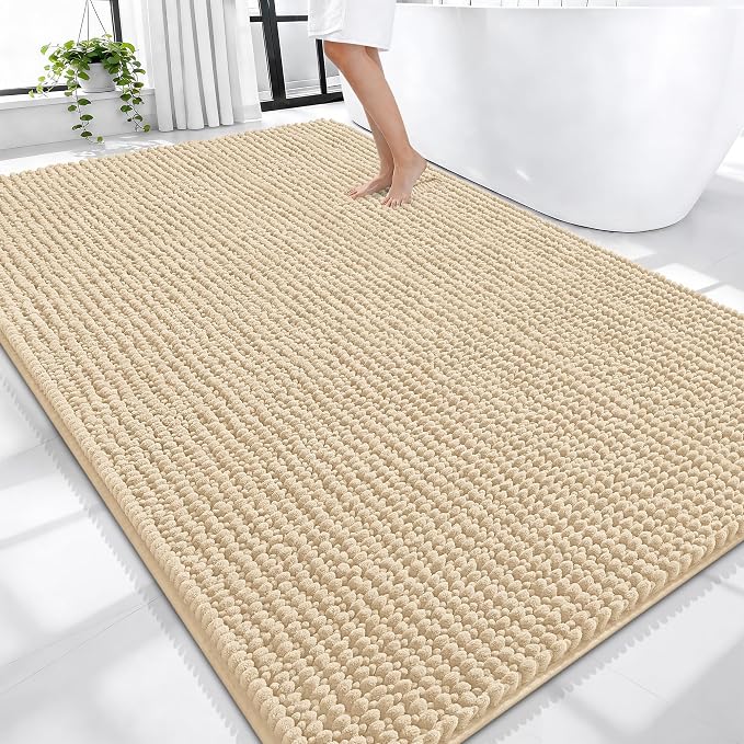 OLANLY Thick Chenille Large Bathroom Rugs 70x46, Absorbent Bath Mat, Beige | Soft Bath Rugs, Rubber Backing, Machine Wash Dry, Bath Mats for Bathroom, Tub and Shower, Home Decor Accessories