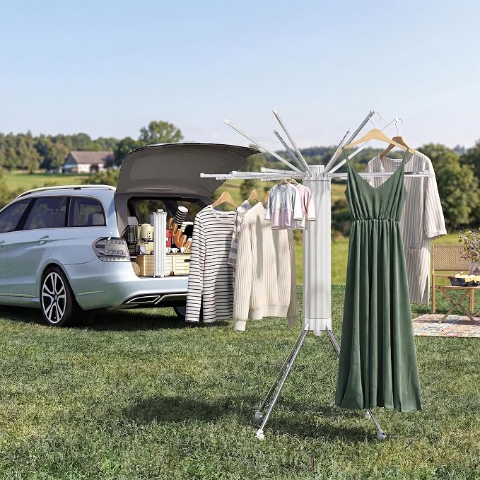 RFOUO Foldable Clothes Drying Rack with Aluminum 4Legs 16Rods Single Layer | Portable，Space-Saving Freestanding Drying Rack for Indoor Outdoor, Apartment, Bedroom, Laundry Room
