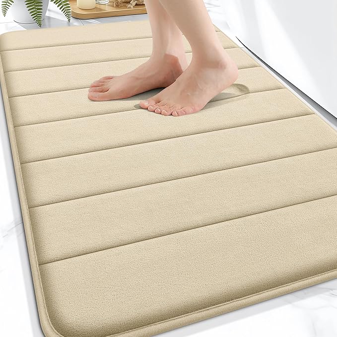 OLANLY Memory Foam Bath Mat 32x20, Super Soft and Absorbent Bathroom Rugs | Beige, Quick Dry Bath Rug, Machine Washable Shower Floor Mats, Bathmat Carpet for Bathroom Floor, Tub and Shower