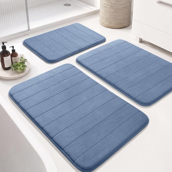 Yimobra Memory Foam Bath Mat Set 3 Pieces- Super Soft Absorbent Quick Dry Bathroom Rug Sets, Machine Washable Non Slip Floor Carpet for Tub Shower, Vanity & Toilet Base, Denim Blue