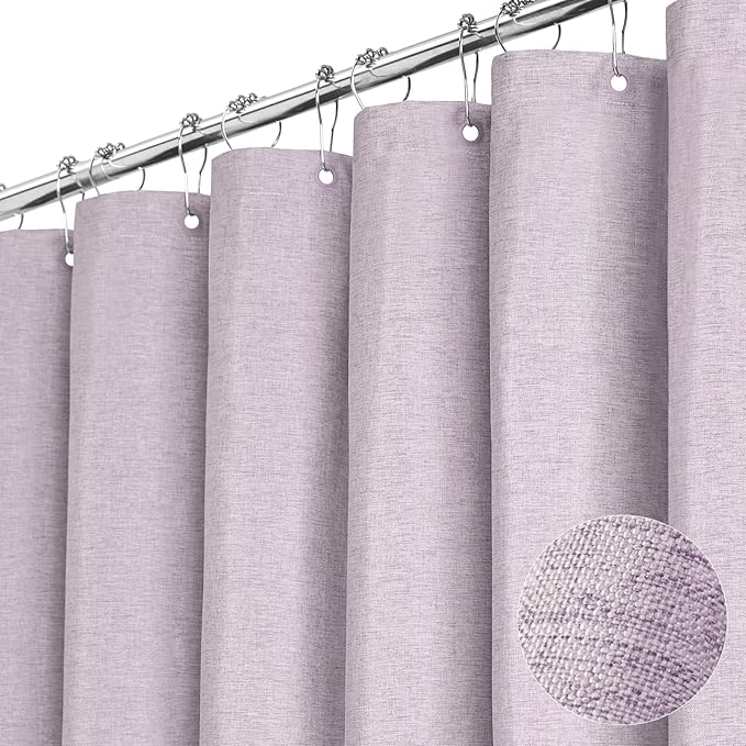 72x78 Linen Textured Waterproof Fabric Shower Curtain Set, Lavender | Long Size, 230GSM Polyester, Heavy Duty Cloth, Weighted Hem, 12 Plastic Hooks, Modern Luxury Hotel Style, Machine Washable