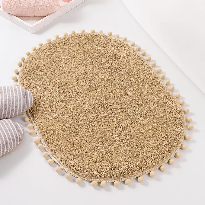 YIRDDEO Oval Rug for Bathroom, Cute Boho Bath Mat with Pom, Khaki | Soft Plush, Absorbent, Quick Dry, Machine Washable, Non Slip Bath Mat for Bathroom Shower Floor Home Decor