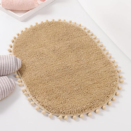 YIRDDEO Oval Rug for Bathroom, Cute Boho Bath Mat with Pom, Khaki | Soft Plush, Absorbent, Quick Dry, Machine Washable, Non Slip Bath Mat for Bathroom Shower Floor Home Decor