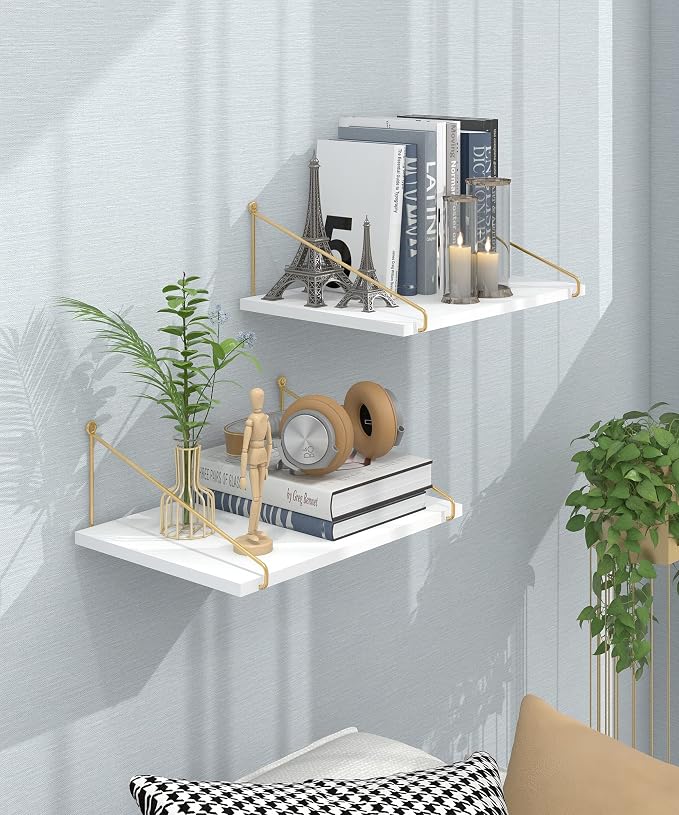 Afuly Floating Shelves for Wall, 12 Inch Deep Gold White Shelf, Set of 2 | Solid Wood and Metal, Hanging Bookshelf with Brackets, Plants Photos Display, for Bathroom, Kitchen, Living Room, Bedroom