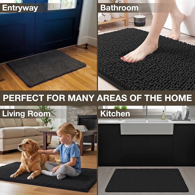 Neater Home Plush Bathroom Rugs 24x17 Thick Chenille Quick Dry Microfiber Absorbent Bath Mat, Soft Bath Rugs, Machine Washable Bathroom Floor Mat for Tub Shower Sink, Home Decor Accessories, Black