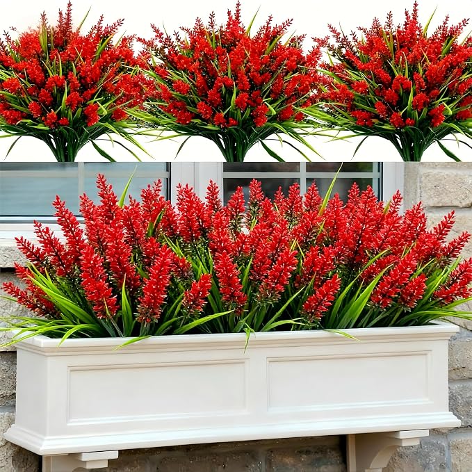 Geegoods 24 Bundles Red Artificial Plants Flowers Outdoor, UV Resistant | Faux Plants with Monkey Grass, Realistic Plastic Flowers for Garden Porch Window Box Patio Hanging Planter Decor