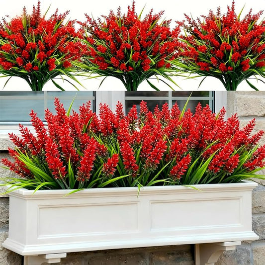Geegoods 48 Bundles Red Artificial Plants Flowers Outdoor, UV Resistant | Faux Lavender Flowers with Monkey Grass for Garden Porch Window Patio Hanging Planter Decor