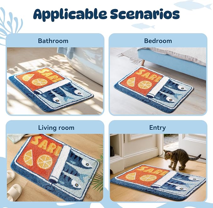 TRUEDAYS Sardine Bath Mat, Cute Bath Mat for Bathroom 20x30 Inch, Blue | Fun Bath Mat, Soft Absorbent, Quick Dry, Machine Washable, Non Slip Bath Rugs for Bathroom Decor Kitchen Bedroom