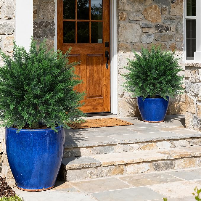 Artificial Cedar Topiary Trees for Outdoors, 2 Pack Fake Plants for Outdoor Indoor Artificial Shrubs with Ground Spike UV Resistant Fake Bushes for Front Porch Garden