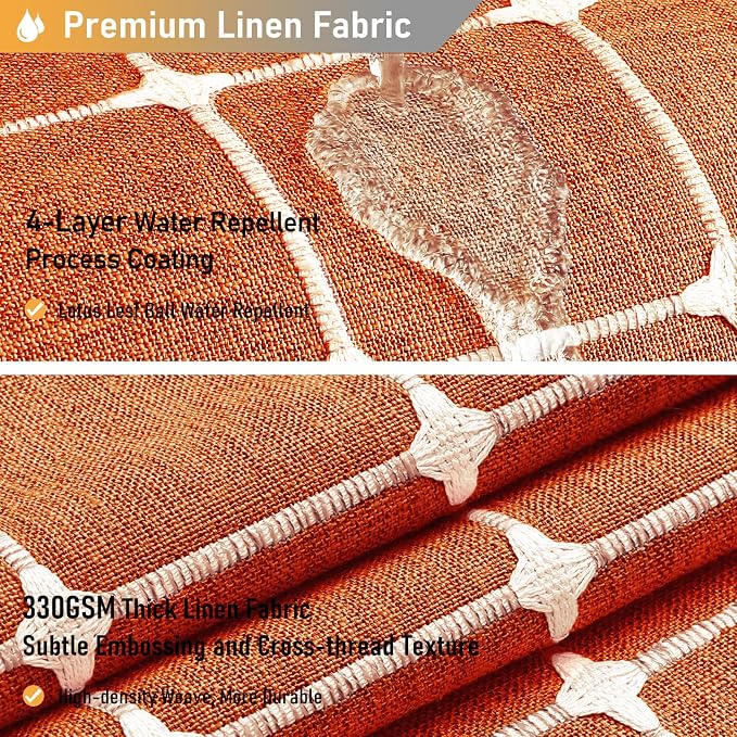 Burnt Orange Boho Farmhouse Linen Heavy Duty Shower Curtain Set, 72x72 | 330GSM Linen Blend, Classic Plaid, 3-side Tassels, Water Repellent Fabric, 12 Plastic Hook, Rustic Bohemian, Machine Washable