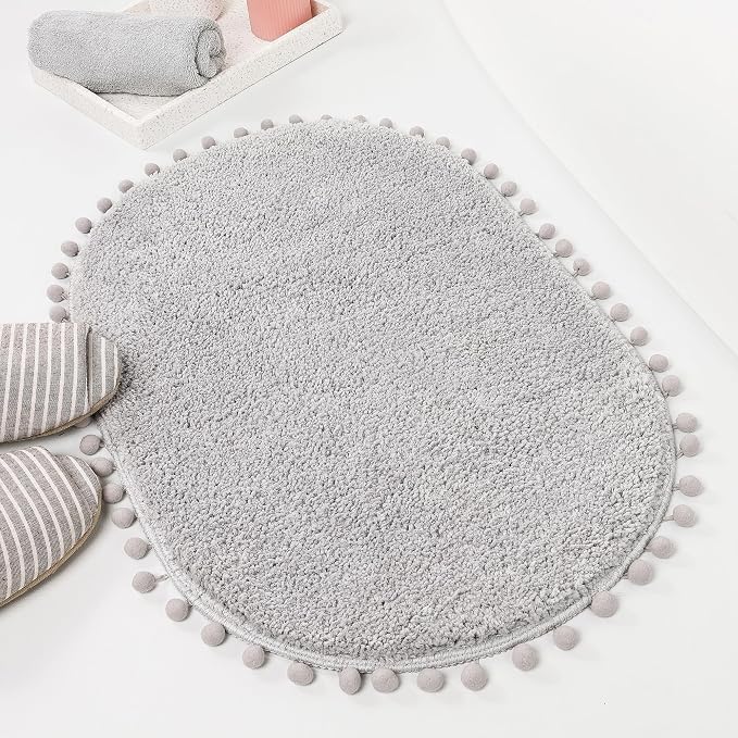 YIRDDEO Oval Rug for Bathroom, Cute Boho Bath Mat with Pom, Light Grey | Soft Plush, Absorbent, Quick Dry, Machine Washable, Non Slip Bath Mat for Bathroom Shower Floor Home Decor