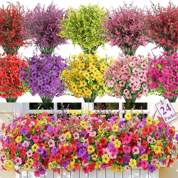SHareconn 24 Bundles Artificial Flowers for Outdoors UV Resistant Decor | Realistic Silk Violet Lavender, UV Resistant Fake Flowers, Ideal Spring Decor for Patio Porch, Yard Planter & Home, 5 Colors