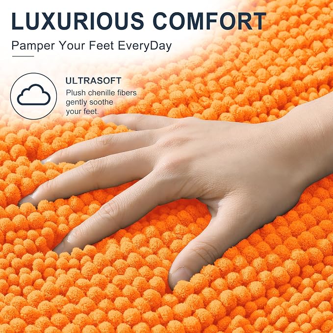 Smiry Thick Small Chenille Bathroom Rugs 24x16, Absorbent Bath Mat, Orange | Quick‑Dry & Machine Washable, Non‑Slip Bath Carpet, Soft Striped Bath Rugs for Tub & Shower, Modern Home Decor Accessories