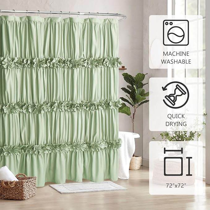 Sage Ruffle Shower Curtain, Handcrafted Bow Tie | Vintage Bath Curtain for Master Bathroom, Ruched Microfiber Bathroom Curtain with 12 Buttonholes, 72" W x 72" H (LQ-10)