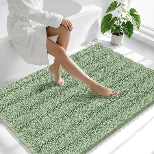 Smiry Thick Chenille Large Bathroom Runner Rugs 44x32, Bath Mat, Sage Green | Quick‑Dry & Machine Washable, Non‑Slip Bath Carpet, Soft Striped Bath Rugs for Tub & Shower, Modern Home Decor Accessories