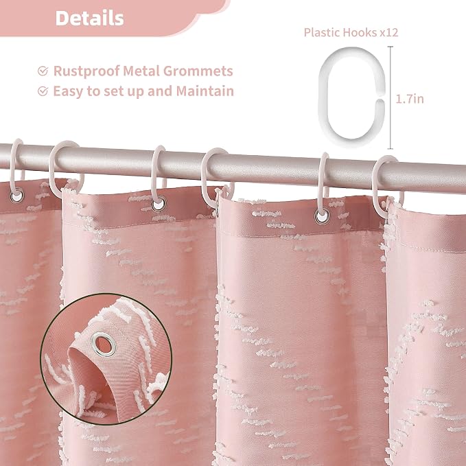 Siiluminisoy Pink Shower Curtain with Tassel Woven Fabric Boho Shower Curtain Cute Farmhouse Textured Tufted Chevron Striped 72 x 72 Bathroom Shower Curtain