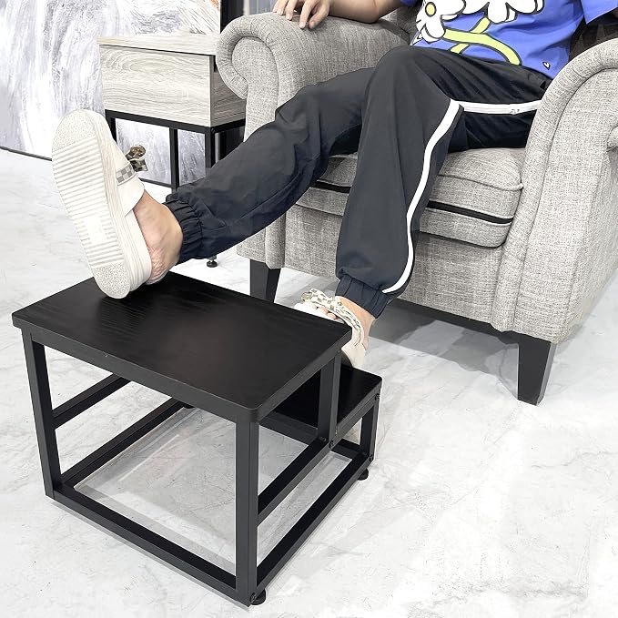 SZLHANJZ Step Stool, Wood & Metal Step Stools for Adults Kids, 500 LB Load | Bedside Steps for High Beds with Round Corners, 2 Steps Footstool for Adults, Stepping Stool for Kitchen Bedroom, Black