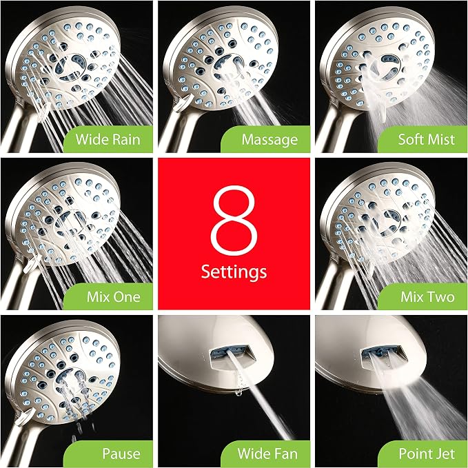 AquaCare 8-mode High Pressure Handheld Shower Head with 2-mode Power Wash | Stay Clean Nozzles, Dual Power Wash for Tub, Tile & Pets, Long 6 ft. Stainless Steel Hose, Wall & Overhead Brackets / Nickel