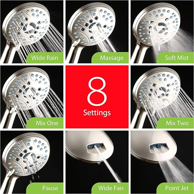 AquaCare 8-mode High Pressure Handheld Shower Head with 2-mode Power Wash | Stay Clean Nozzles, Dual Power Wash for Tub, Tile & Pets, Long 6 ft. Stainless Steel Hose, Wall & Overhead Brackets / Nickel
