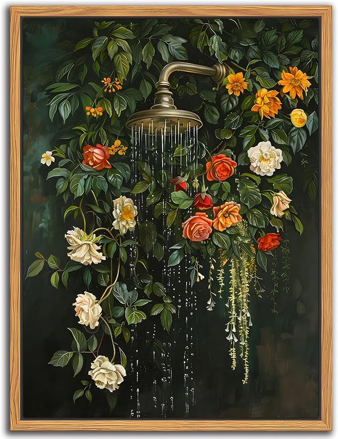 Floating Framed Floral Shower Wall Art, Vintage Botanical Flower Canvas Print, Romantic Garden Roses and Waterfall Painting, Nature Inspired Bathroom Wall Decor for Home Living Room 8x10 inch