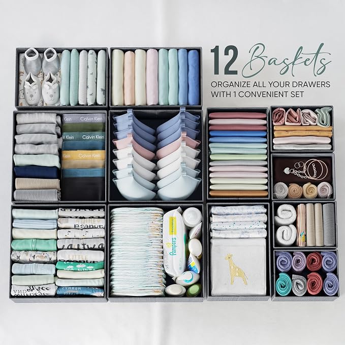 Drawer Organizer Set of 12 Dark Grey - Nursery, Bedroom, Closet Organizer & Storage