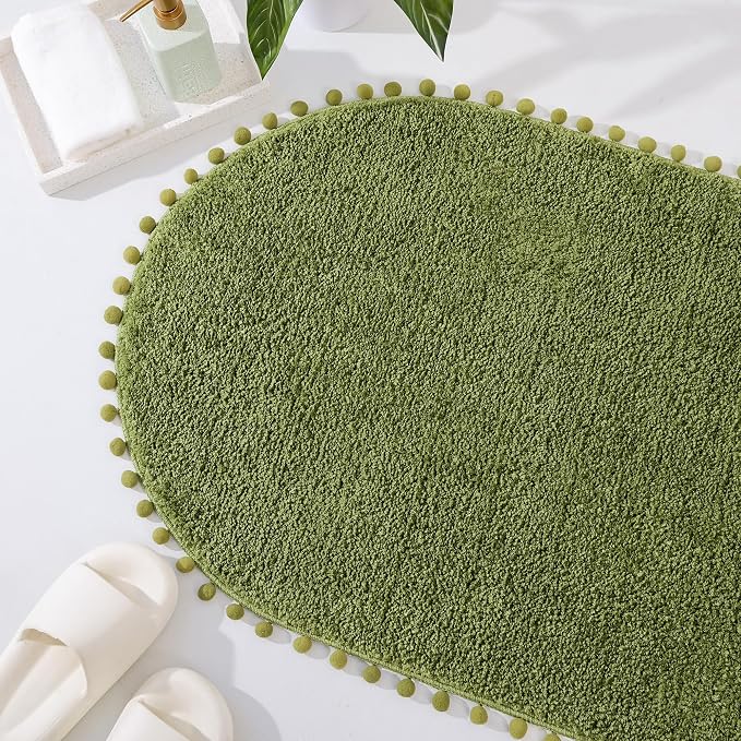 YIRDDEO Oval Rug for Bathroom, Boho Bath Mat with Pom, Olive Green, 36"x24" | Soft Plush, Absorbent, Quick Dry, Machine Washable, Non Slip Bath Mat for Bathroom Shower Floor Home Decor