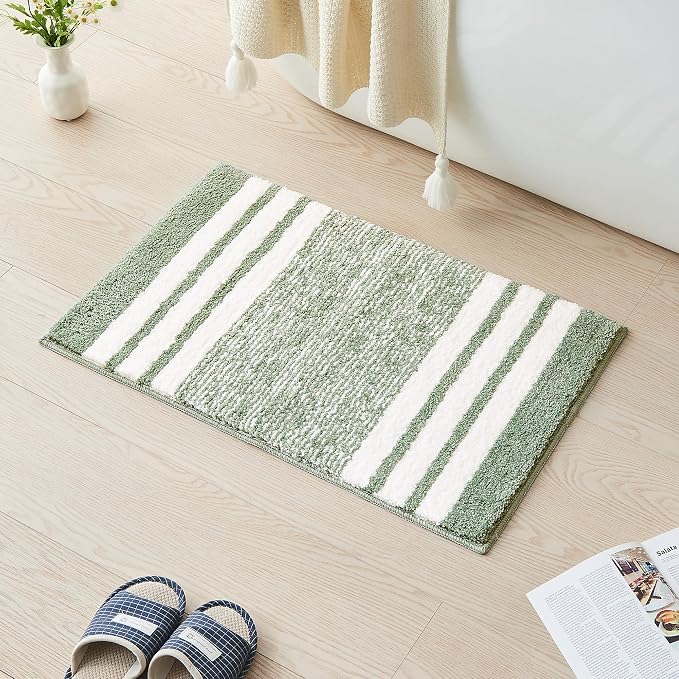 CozeCube Sage Green Striped 36"x24" Non Slip Washable Bath Mat | For Bathroom, Fluffy Absorbent Microfiber Bath Mats Machine Wash, Stylish Large Aesthetic Bathroom Rugs