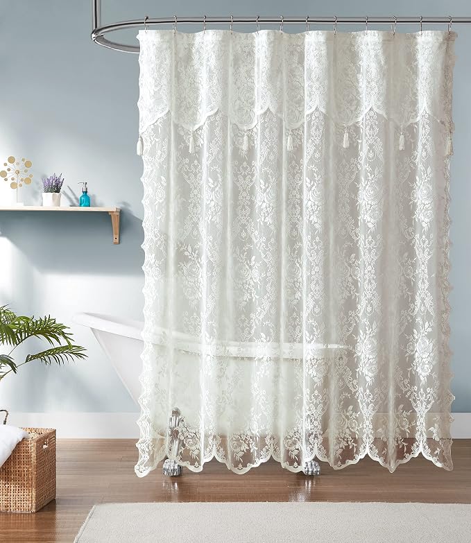 Warm Home Designs Ivory Stall Shower Curtain with Valance. LA Ivory 36 | Small Ivory Shower Curtain 36 x 72 Inches with Attached Valance & Tassels. Luxury Lace Stall Shower Curtain for Bathroom.
