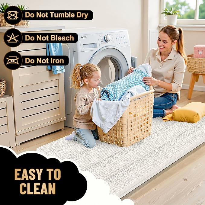 OLANLY Thick Bathroom Rugs 34x21, Soft Chenille Striped Bath Rugs, Ivory | Rubber Backing, Machine Wash, Extra Absorbent Bath Mats for Bathroom Floor, Tub and Shower, Home Decor Accessories