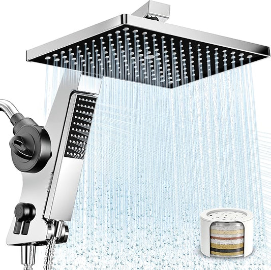 MakeFit Filtered Rain Shower Head with Handheld Combo High Pressure 12'' Rainfall Shower Heads & Hidden Detachable Wand Dual Showerhead Water Softener for Hard Water Easy Filter Replacement