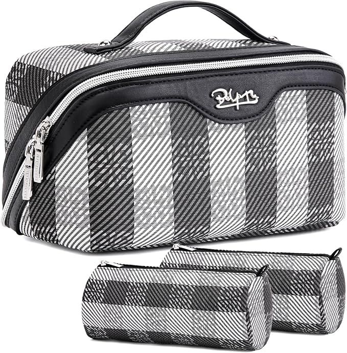 BOYATU Travel Makeup Bag Organizer Cosmetic Bag: 3 Pcs Set Make up Bags for Women with Handle - Waterproof Vegan Leather Toiletry Bags Travel Essentials Pouch with Compartments (F-01-Black)